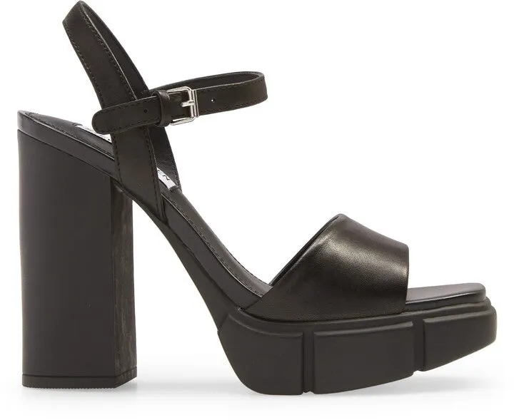 Steve Madden Rayden Black Leather Ankle Strap Squared Open Toe Platform Sandal