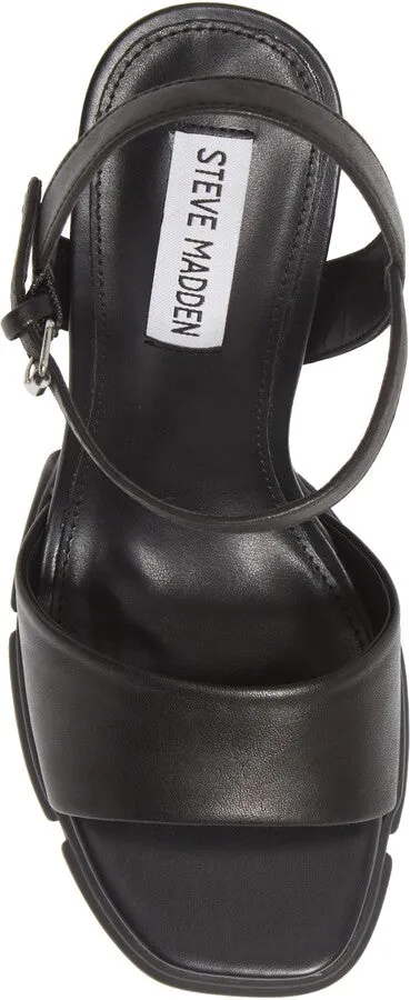 Steve Madden Rayden Black Leather Ankle Strap Squared Open Toe Platform Sandal