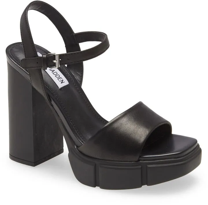 Steve Madden Rayden Black Leather Ankle Strap Squared Open Toe Platform Sandal