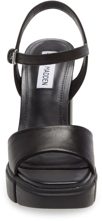 Steve Madden Rayden Black Leather Ankle Strap Squared Open Toe Platform Sandal