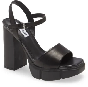 Steve Madden Rayden Black Leather Ankle Strap Squared Open Toe Platform Sandal