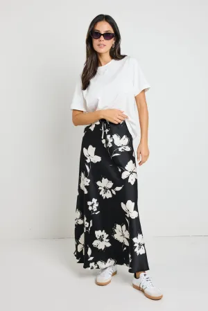 STORIES BE TOLD CRITICAL FLORAL SATIN TIE WAIST MAXI SKIRT