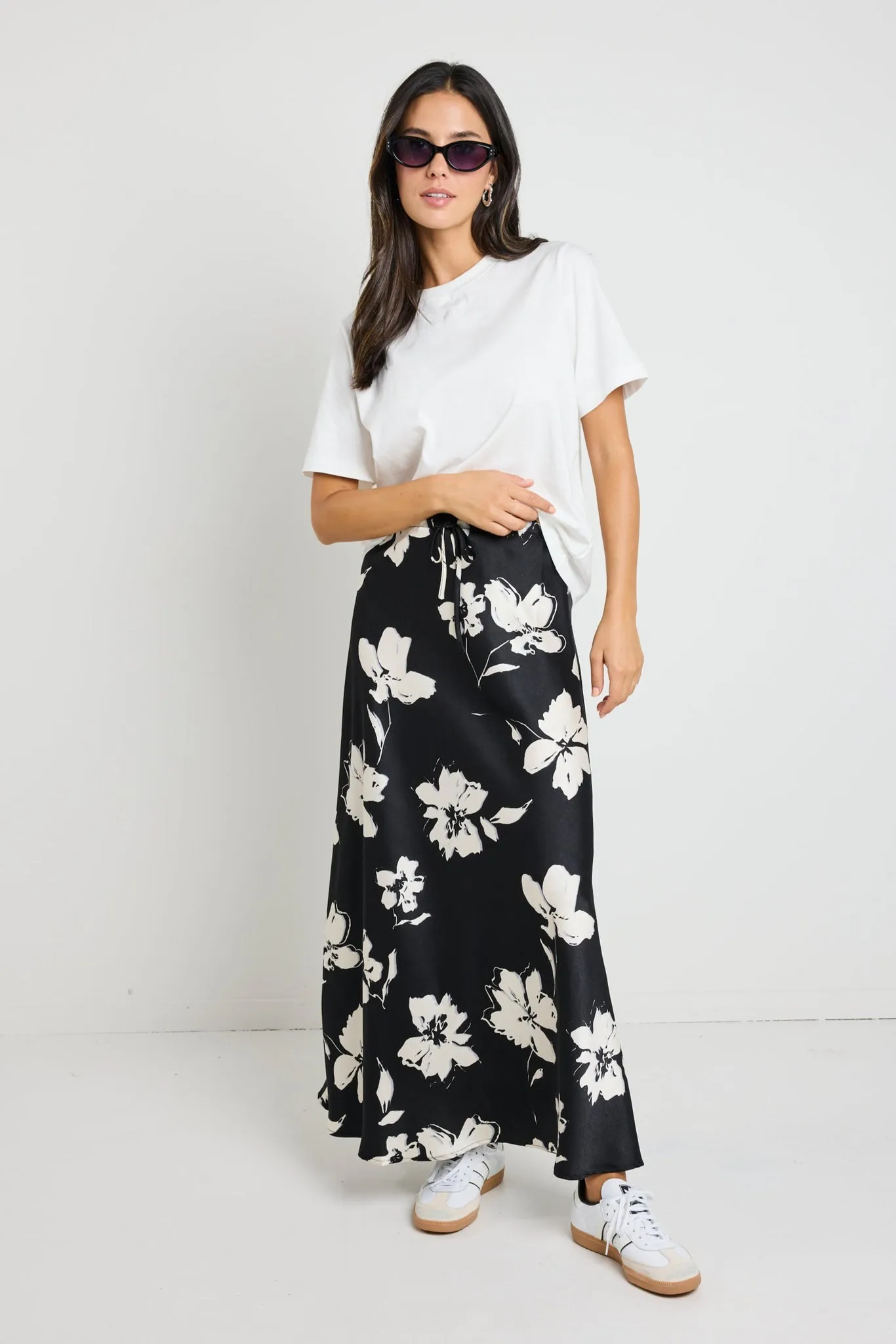 STORIES BE TOLD CRITICAL FLORAL SATIN TIE WAIST MAXI SKIRT