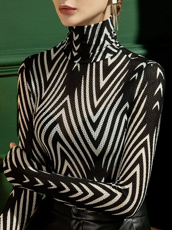 Striped Long Sleeves Skinny High-Neck T-Shirts Tops