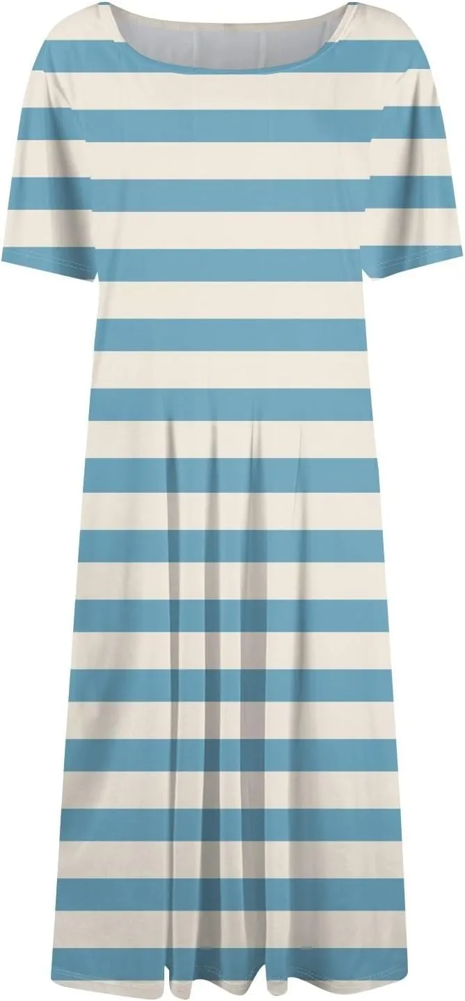 Women Midi Dresses Summer Casual Midi Dress 2025 Short Sleeve A-Line T-Shirt Flowy Beach Sundress with Pockets