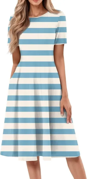 Women Midi Dresses Summer Casual Midi Dress 2025 Short Sleeve A-Line T-Shirt Flowy Beach Sundress with Pockets