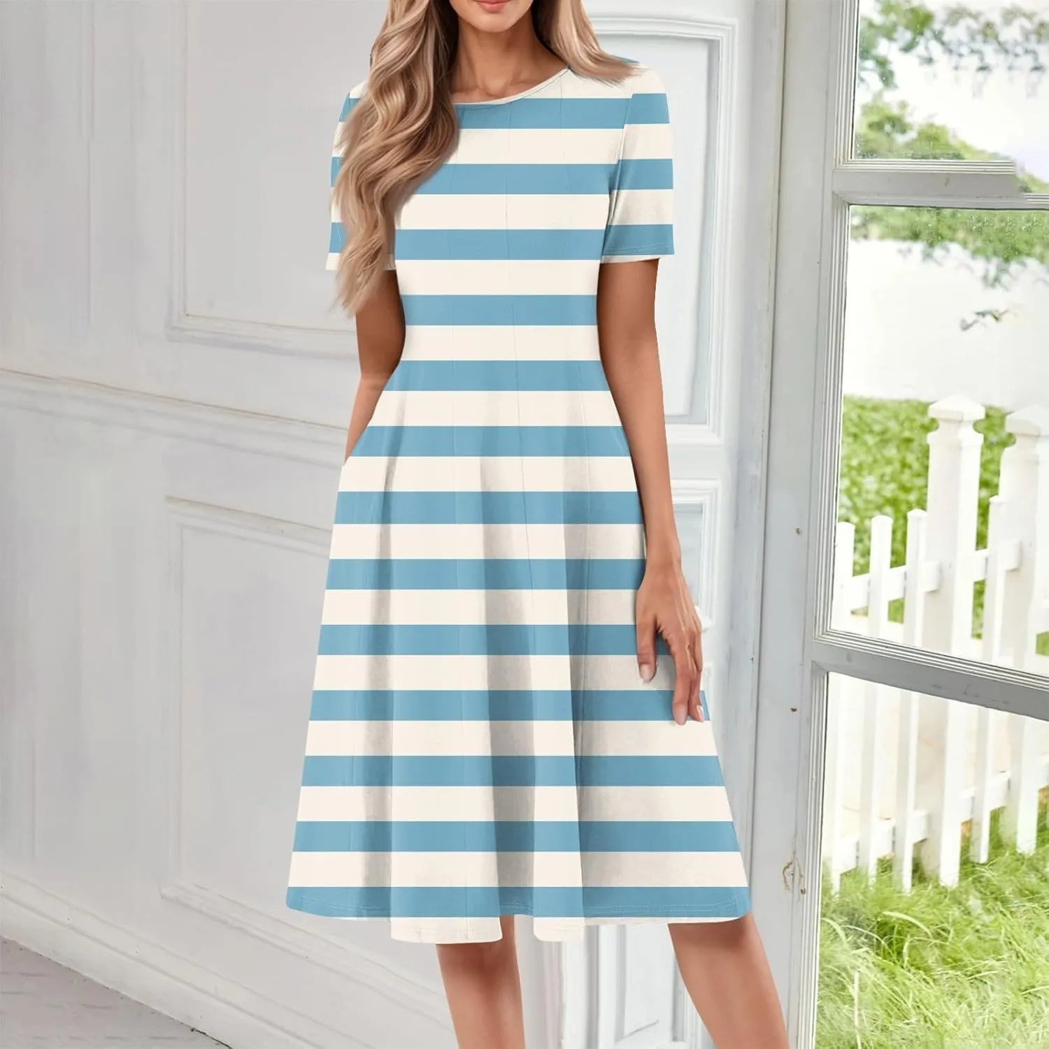 Women Midi Dresses Summer Casual Midi Dress 2025 Short Sleeve A-Line T-Shirt Flowy Beach Sundress with Pockets
